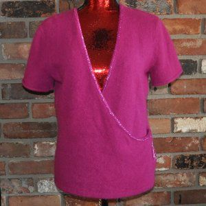 NWT New Christine Phillipe Angora Magenta Pink Knit Cross-over Beaded SWEATER LX